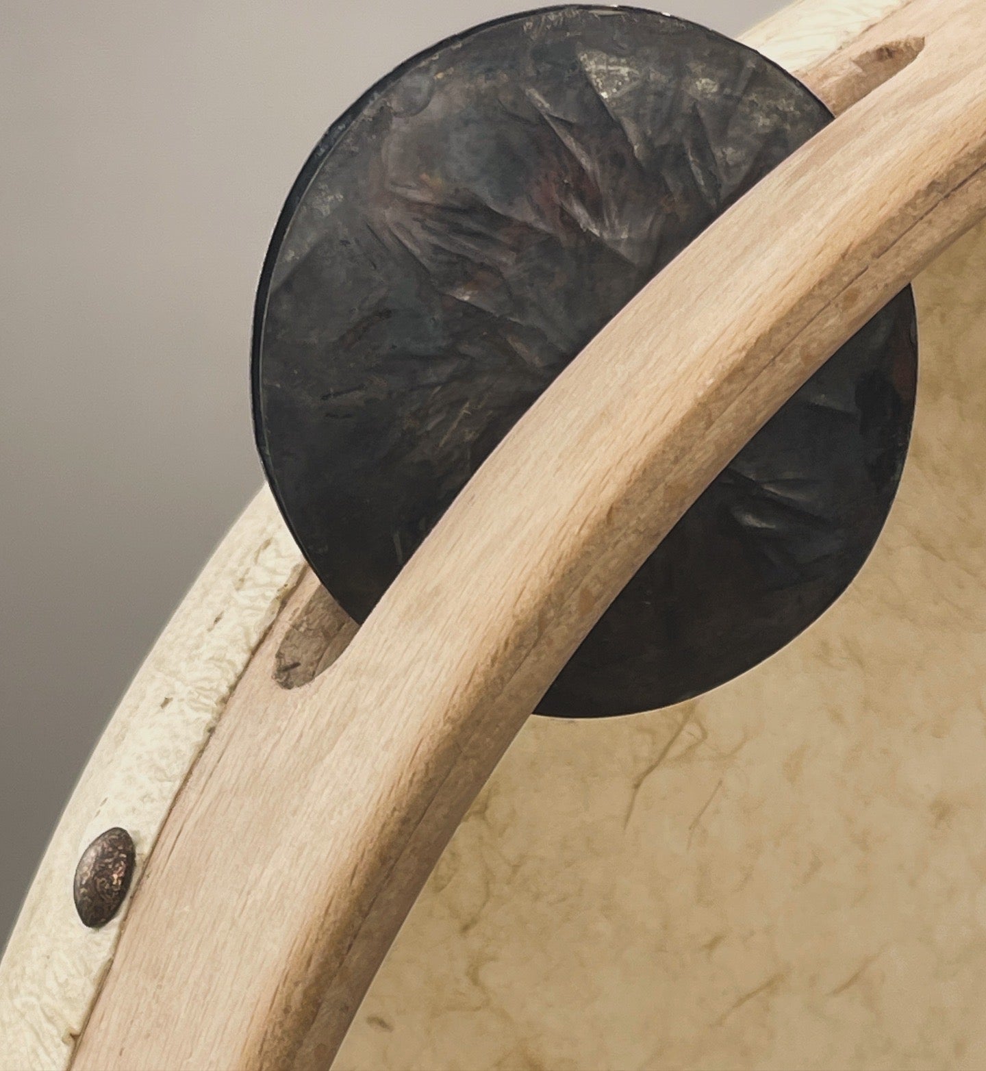 Close-up of fire-treated jingles on QuintoLab SUD tambourine