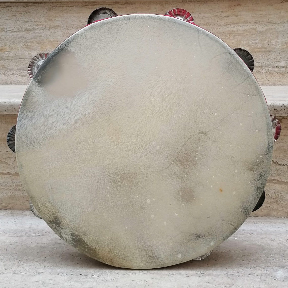 Close-up of goatskin head and stained wood frame