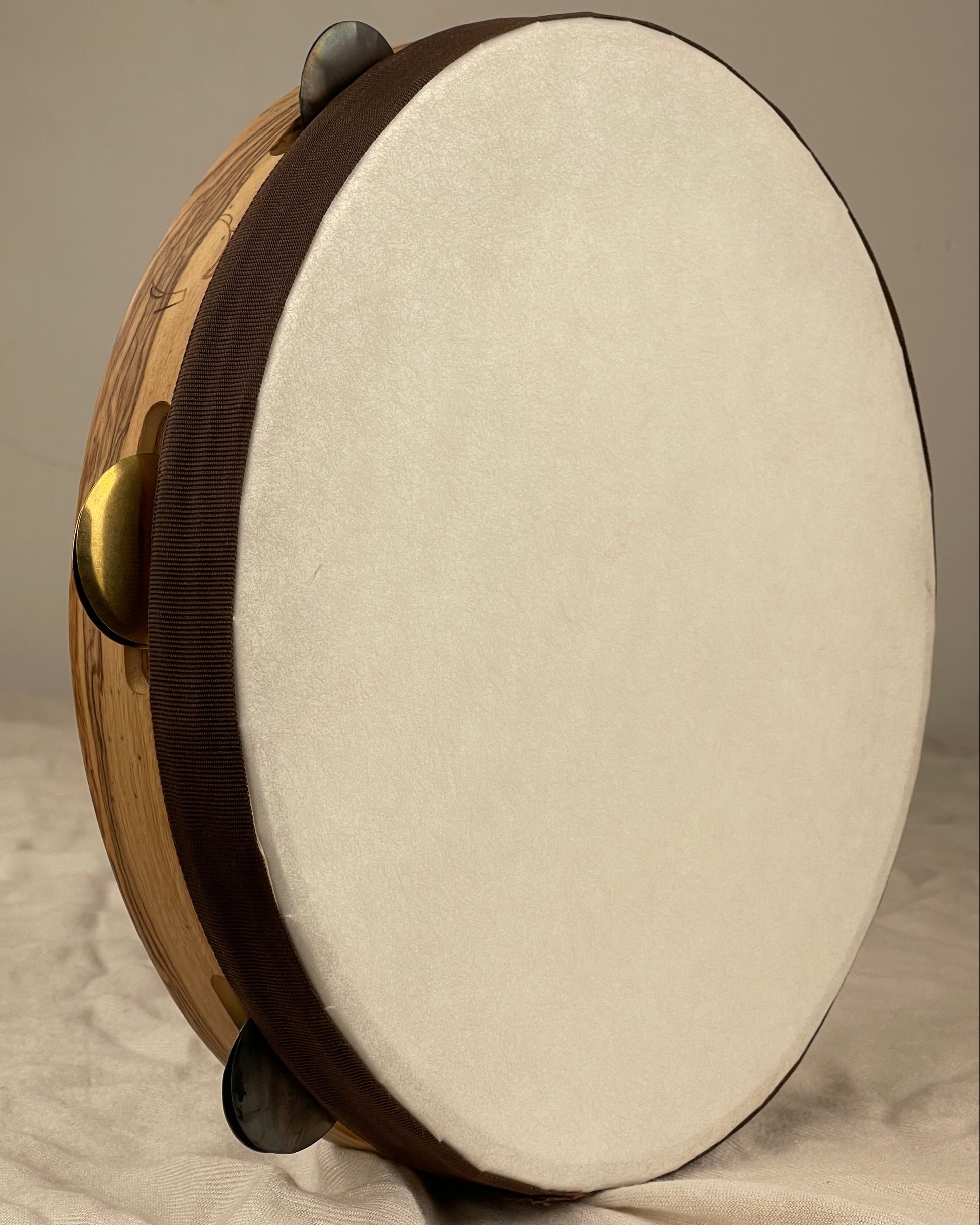 Front view of 11" olive and mahogany tamburello with white textured Mylar head and 5 pairs of hammered jingles