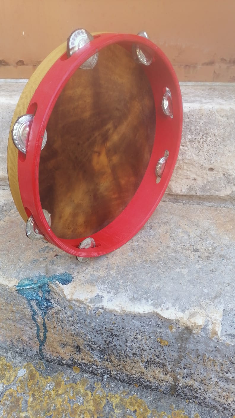 Traditional Tambourine – Red Frame, Tannin-Dyed Black Skin