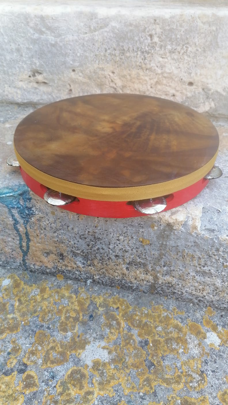 Traditional Tambourine – Red Frame, Tannin-Dyed Black Skin