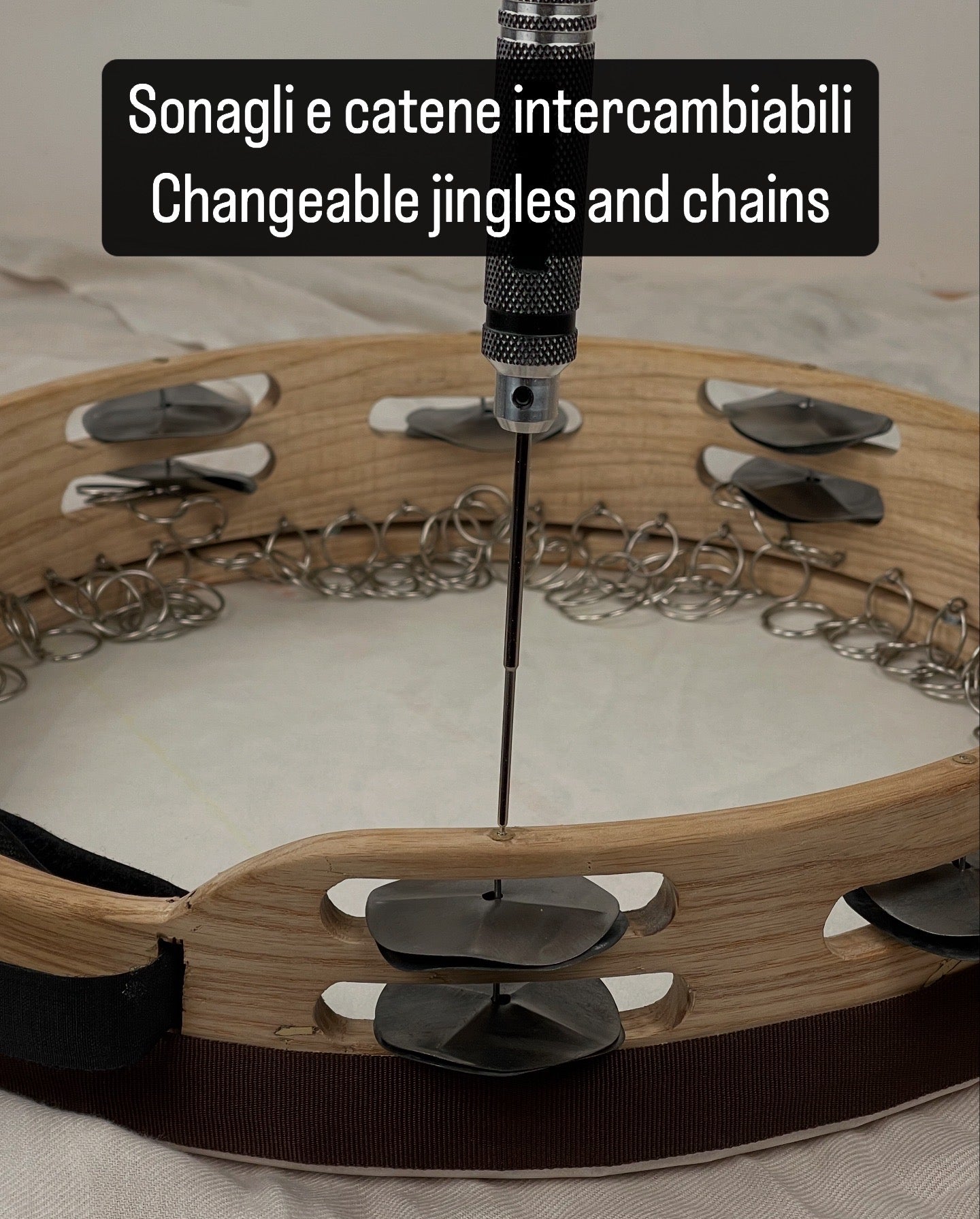 Side view of thick oak frame with wax finish – Dena tambourine