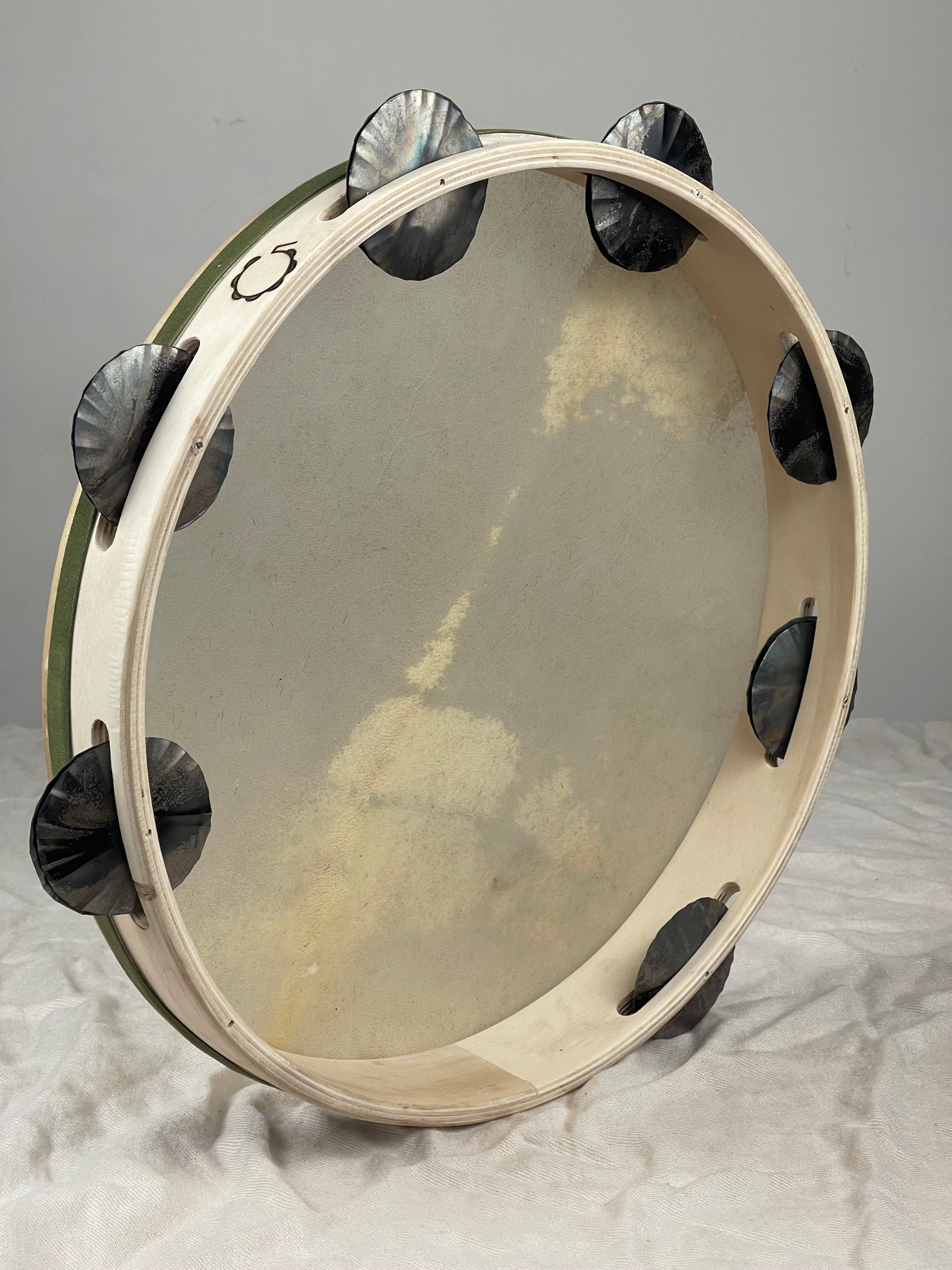 Top view of traditional 14" tambourine for pizzica and tarantella