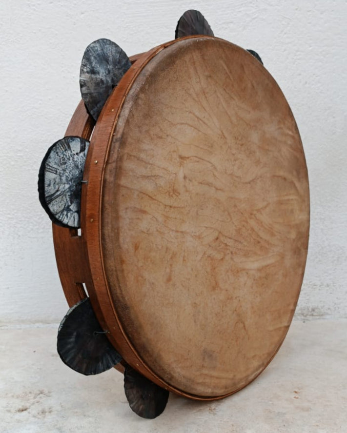 Traditional 38 cm tambourine with goat skin head and beech wood frame