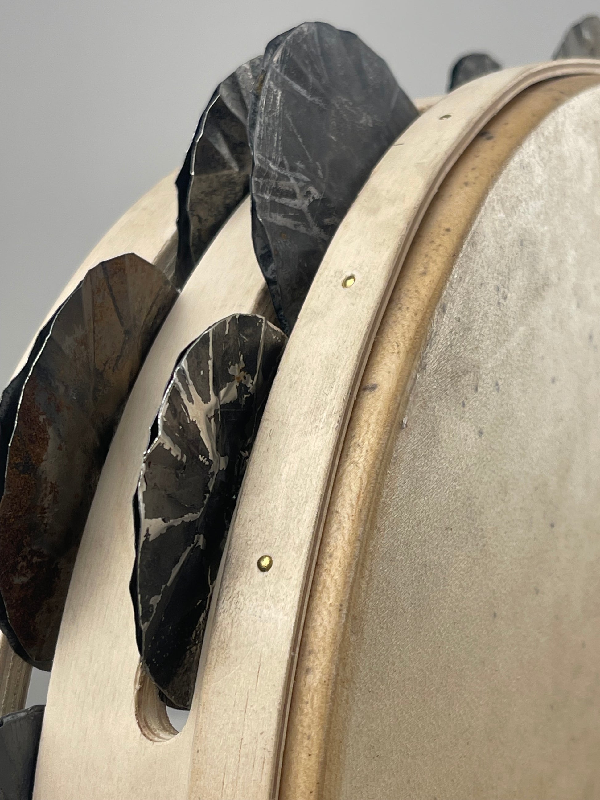 Traditional Italian tambourine with natural goatskin and hand-hammered tin jingles