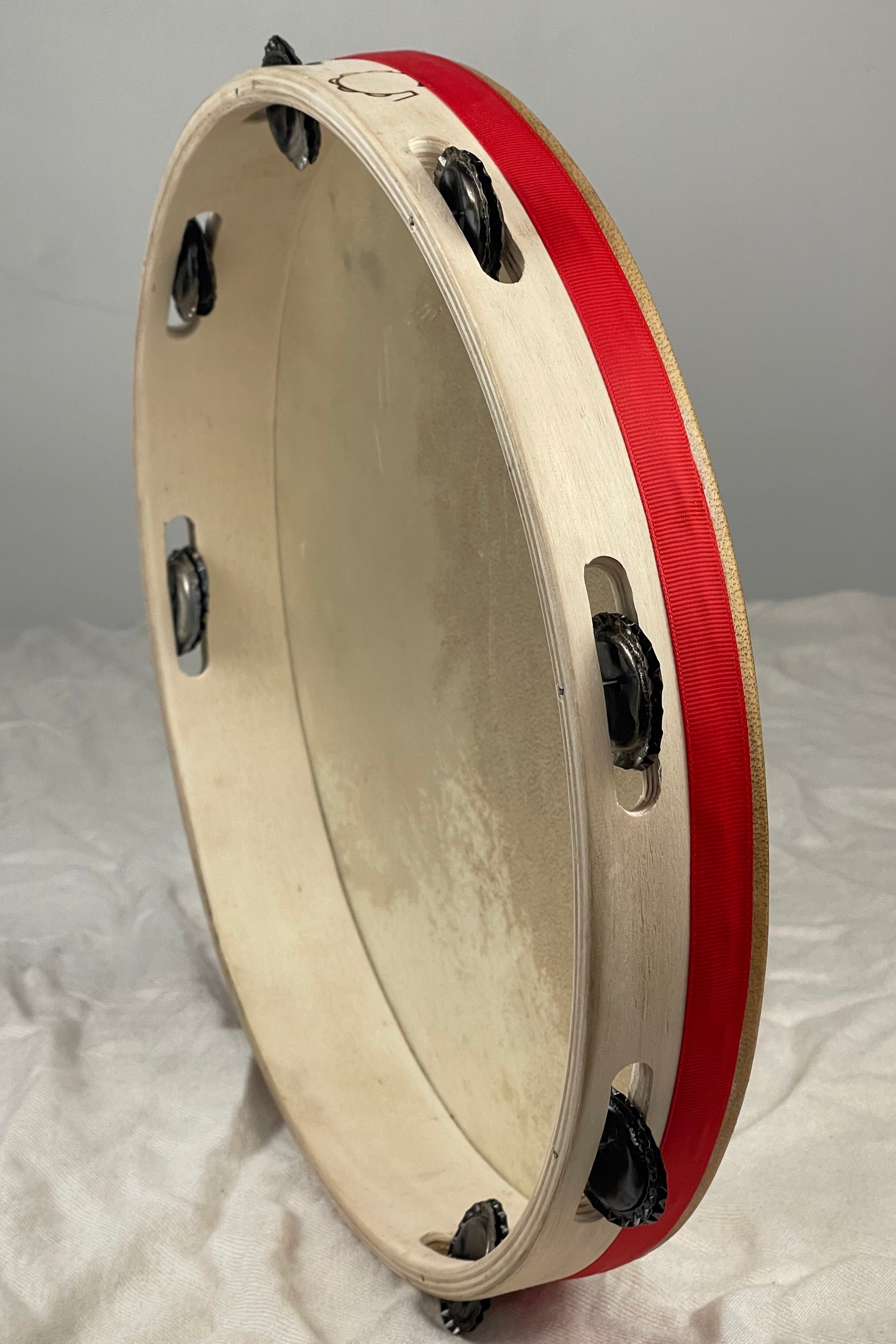 Handmade Italian tambourine with poplar wood frame and upcycled jingles