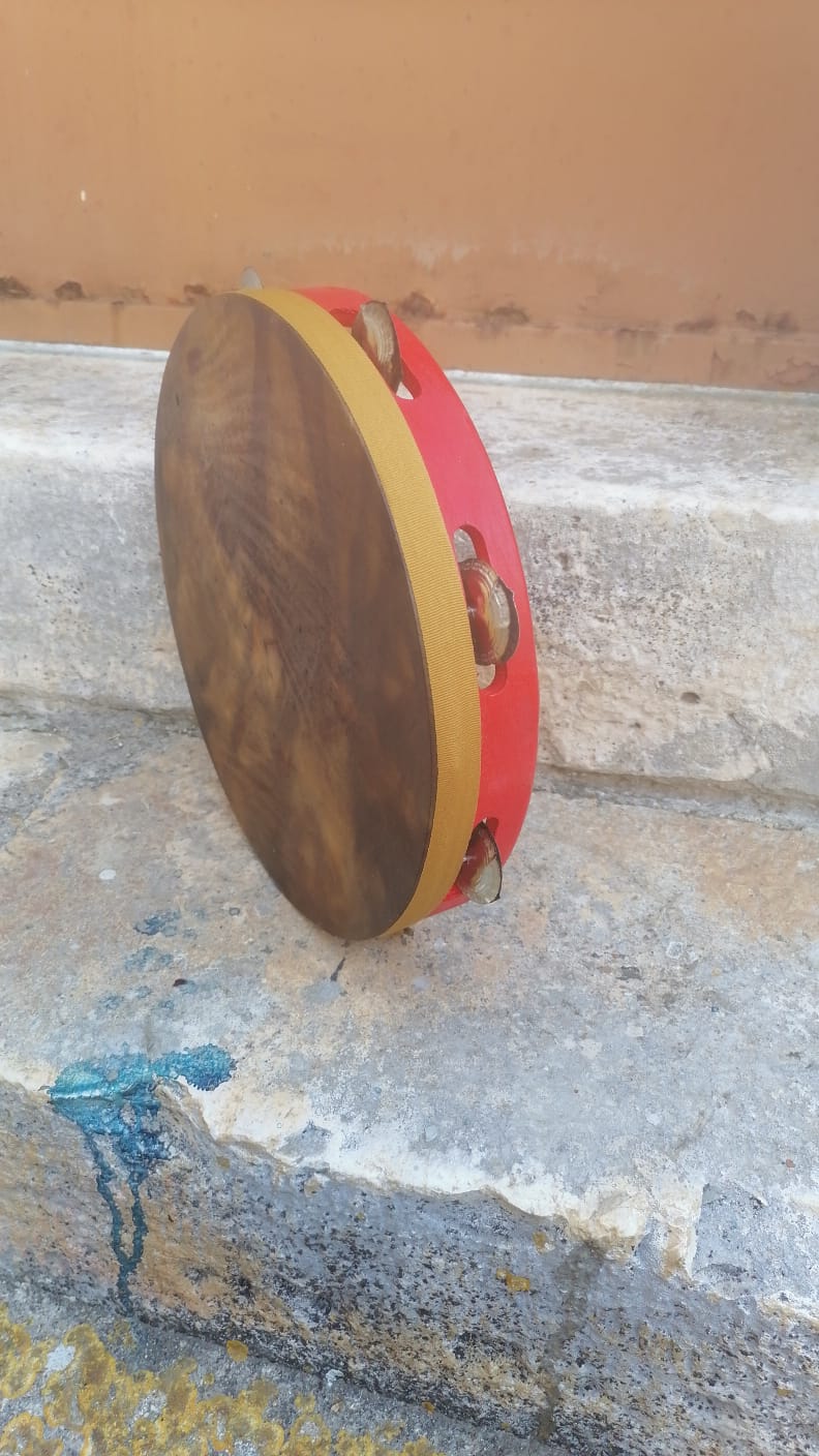 Traditional Tambourine – Red Frame, Tannin-Dyed Black Skin